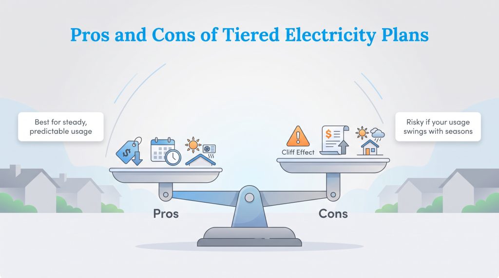 A scale balancing the pros and cons of tiered electricity plans for home energy usage.