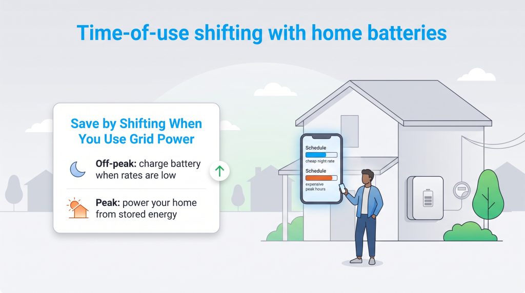 Graphic explaining how home batteries use off-peak rates to save money on energy bills.