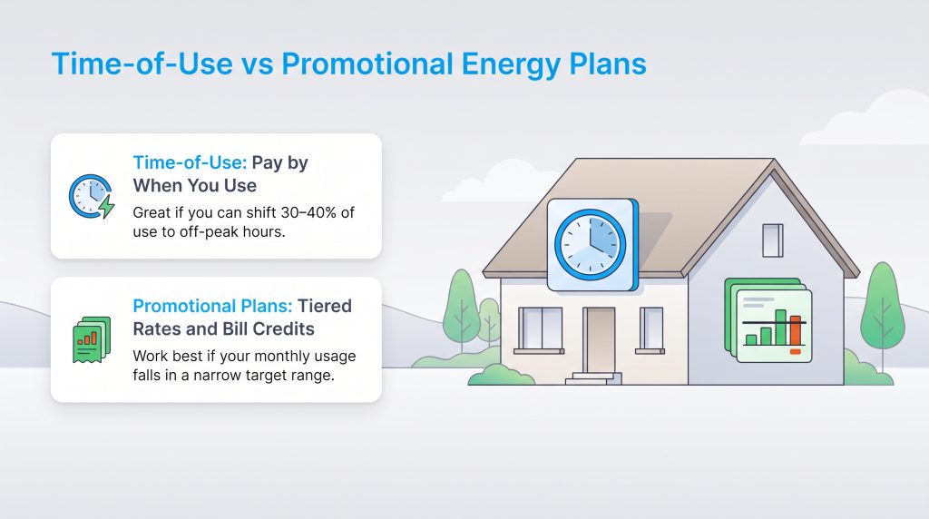 Graphic comparing Time of Use and Promotional energy plans with a house icon