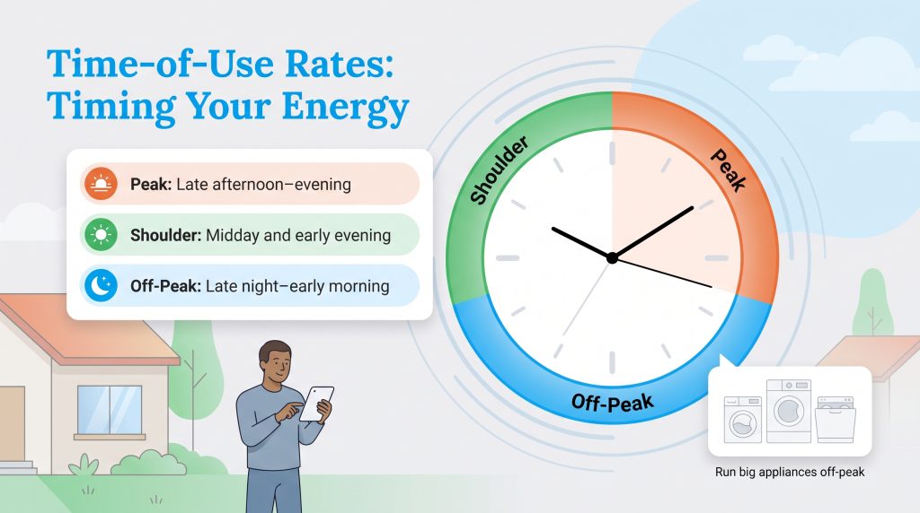 Infographic showing a clock divided into peak shoulder and off-peak energy use times