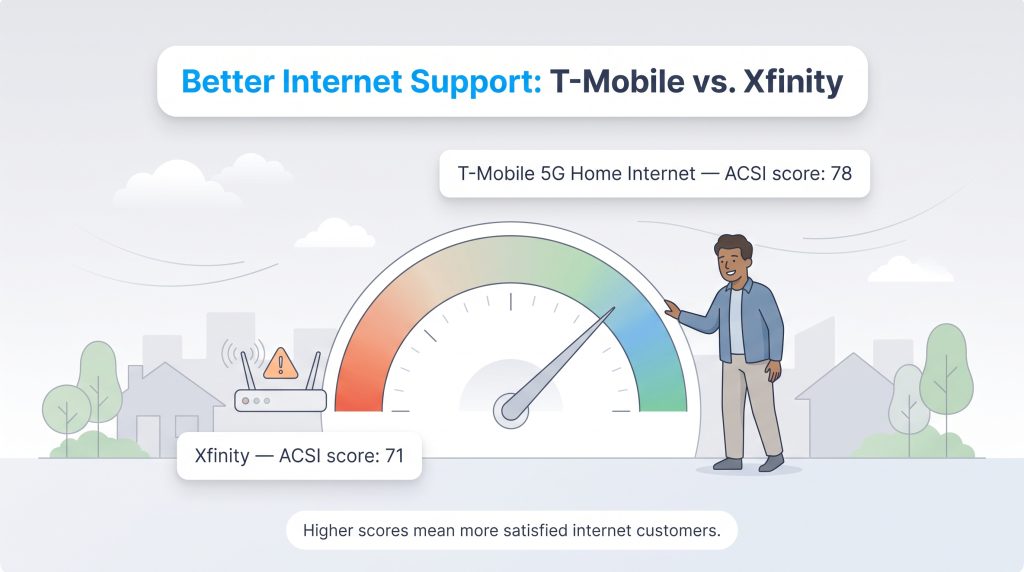 Gauge showing T-Mobile ACSI score of 78 vs Xfinity ACSI score of 71