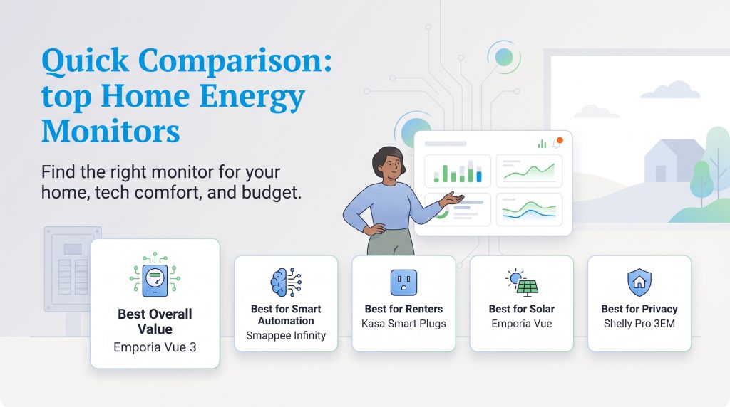 Comparison of top home energy monitors based on value, smart automation, solar, and privacy.