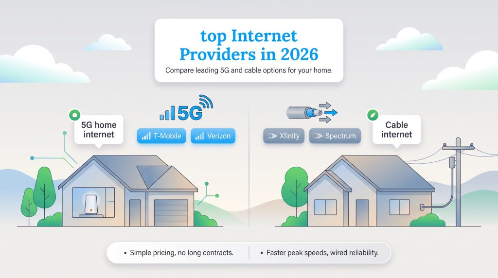 Comparison of 5G home internet and cable internet providers for 2026.
