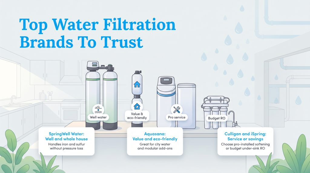 Comparison of leading water filtration brands like SpringWell, Aquasana, Culligan, and iSpring