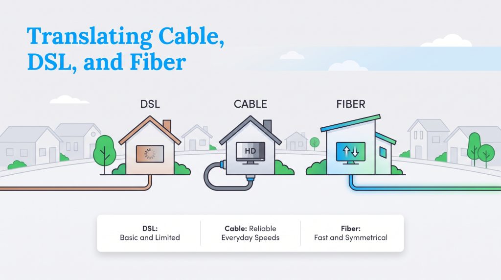 Graphic comparing the performance of DSL, Cable, and Fiber internet connections.
