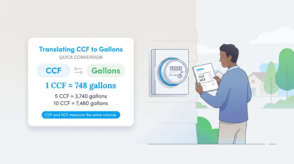 Illustration of a man checking a water meter next to a CCF to gallons conversion chart