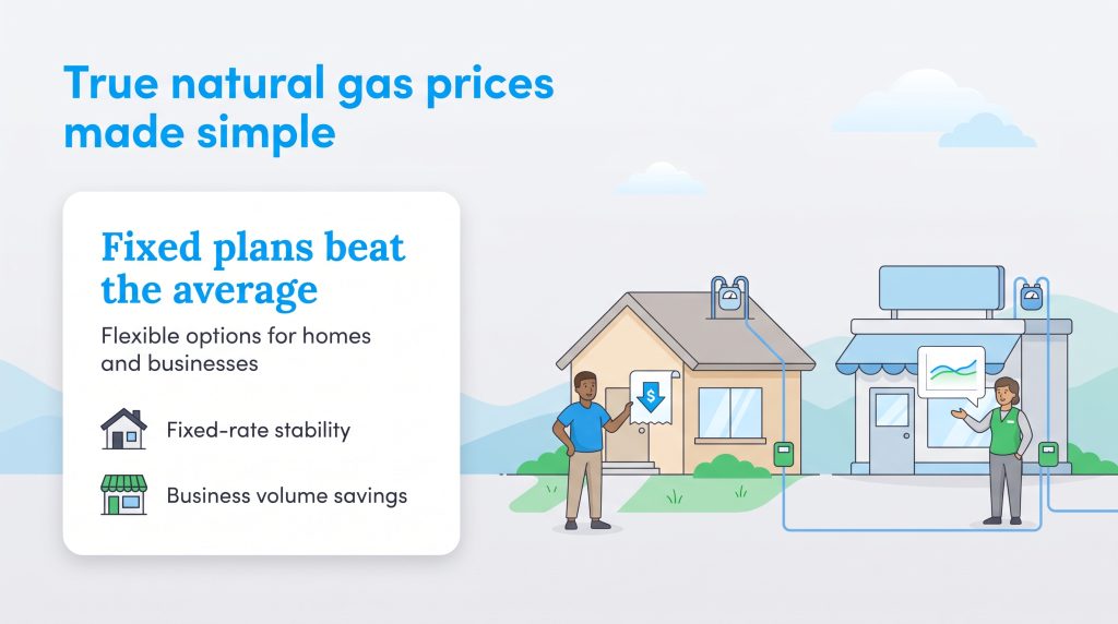 Illustrations of a house and business representing fixed-rate and volume savings on gas plans