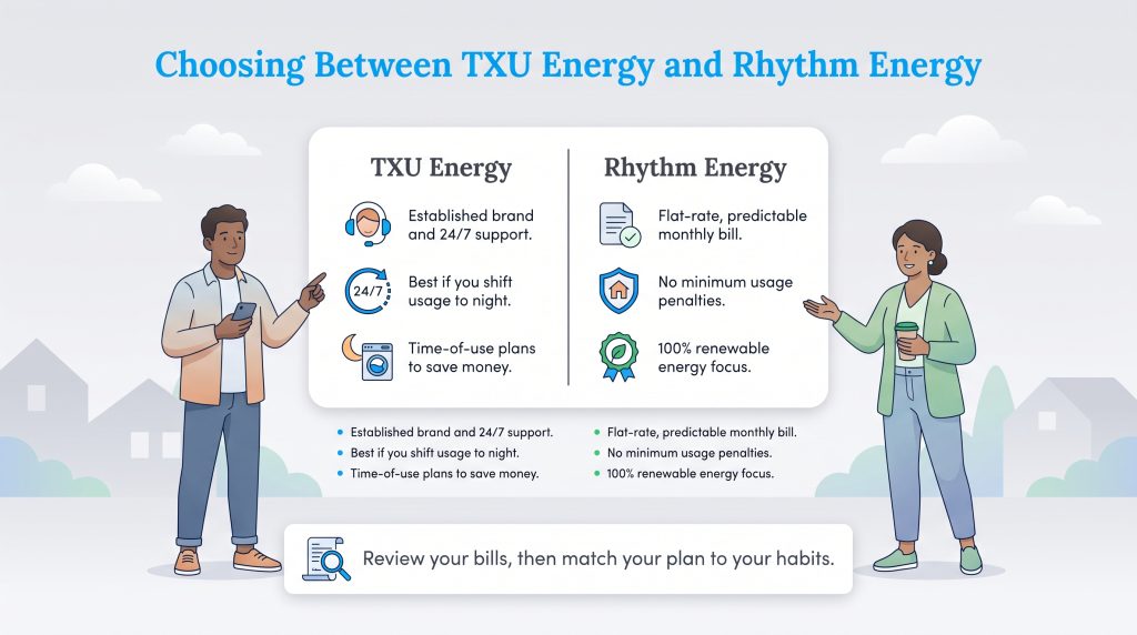 Infographic comparing key features of TXU Energy and Rhythm Energy.