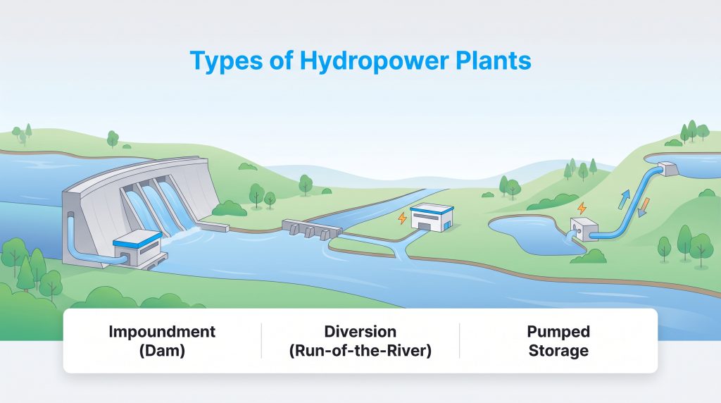 Diagram showing three types of hydropower plants: Impoundment, Diversion, and Pumped Storage.