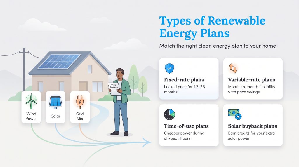 Infographic explaining fixed-rate, variable-rate, time-of-use, and solar buyback plans.
