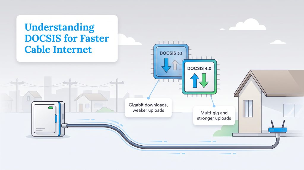 Graphic comparing DOCSIS 3.1 and DOCSIS 4.0 download and upload speed capabilities