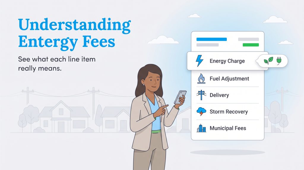 Woman looking at a phone next to an illustrated list of utility bill fees.