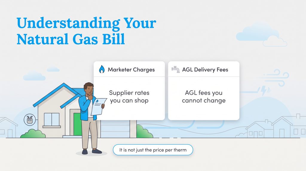 Diagram showing natural gas bills consist of shoppable marketer charges and fixed AGL fees