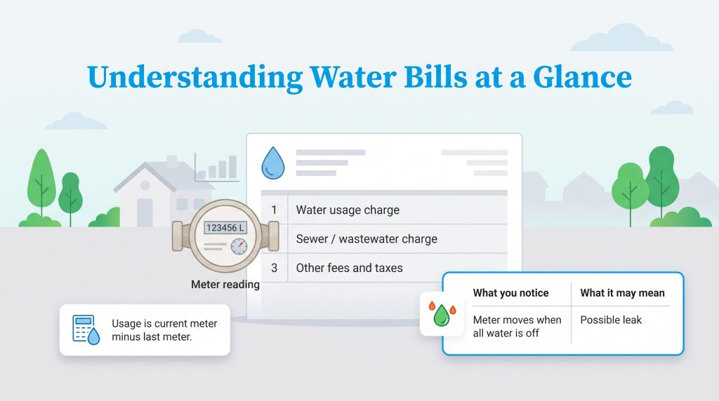 Diagram explaining water bill charges, usage calculations, and signs of a possible water leak.