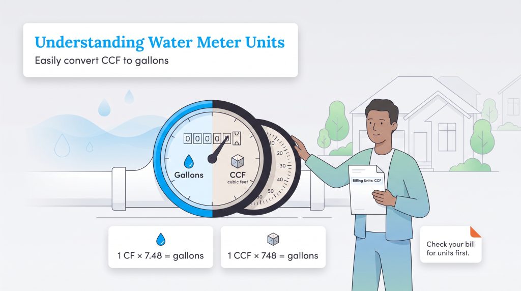 Graphic illustration showing how to convert water meter CF and CCF units to gallons.