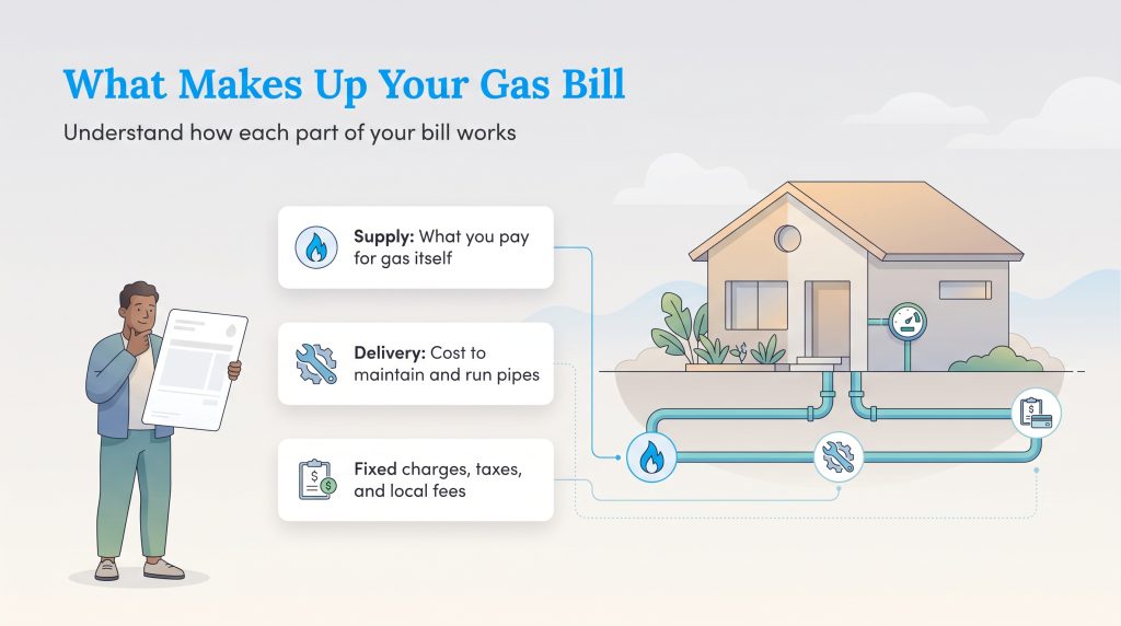 Illustration breaking down gas bill costs into supply, delivery, and fixed charges
