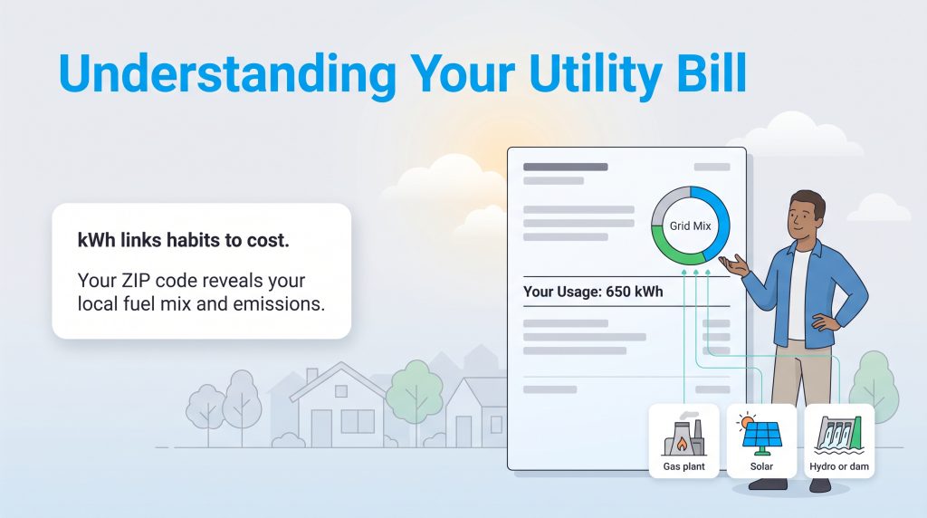 Illustration explaining how utility bills show energy usage and regional power grid mix