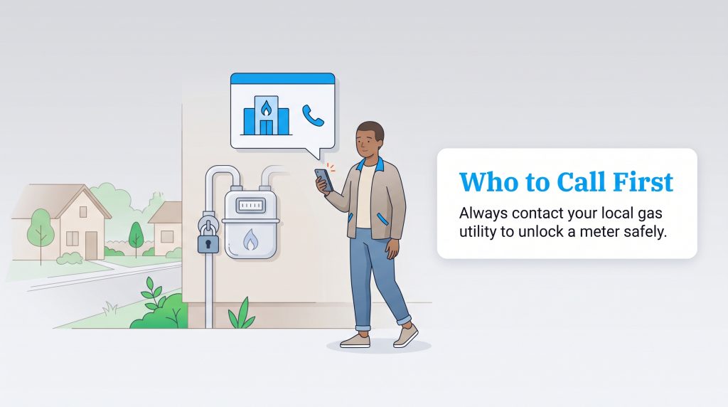An illustration of a man calling his local utility company to unlock a gas meter.
