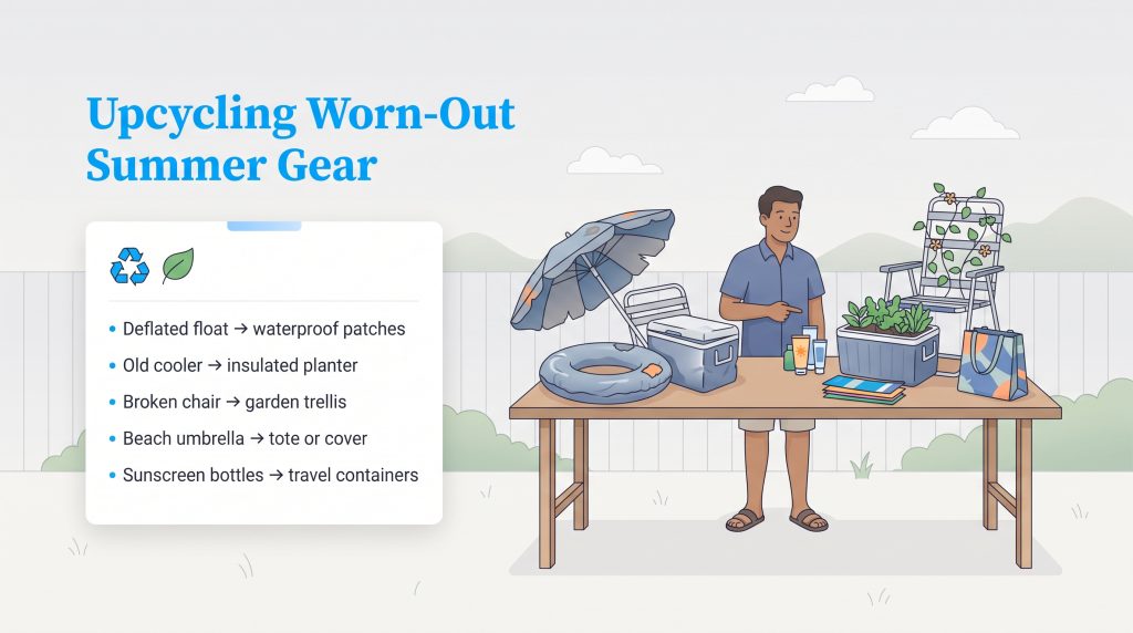 A man stands at a backyard table upcycling old summer gear like coolers and pool floats.
