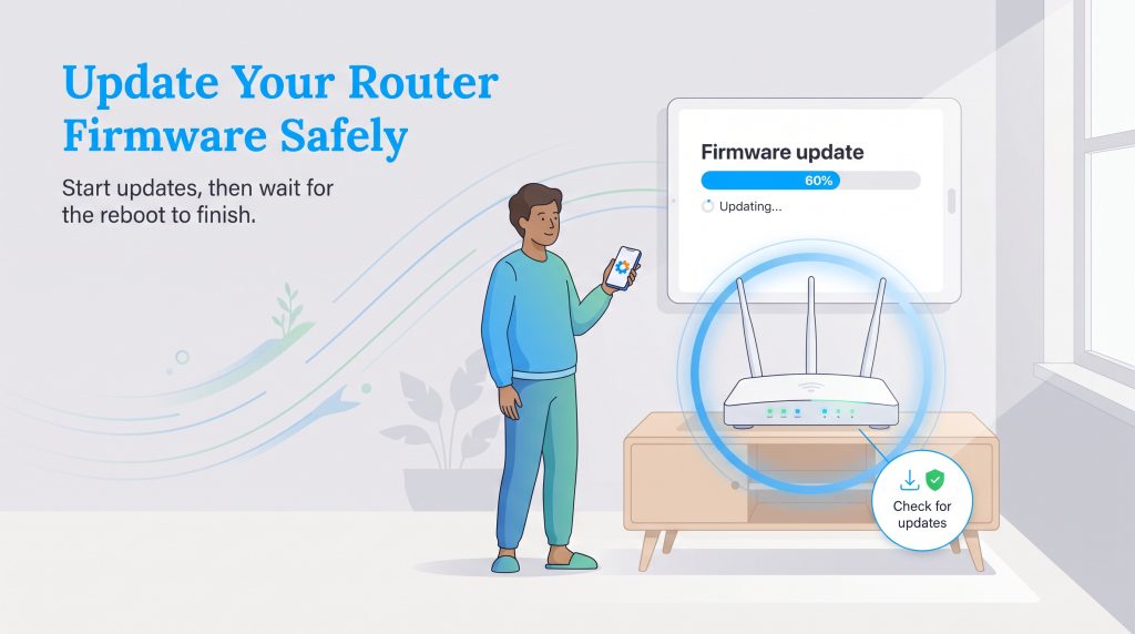 An illustration of a man updating his home router firmware with a progress screen in the background.