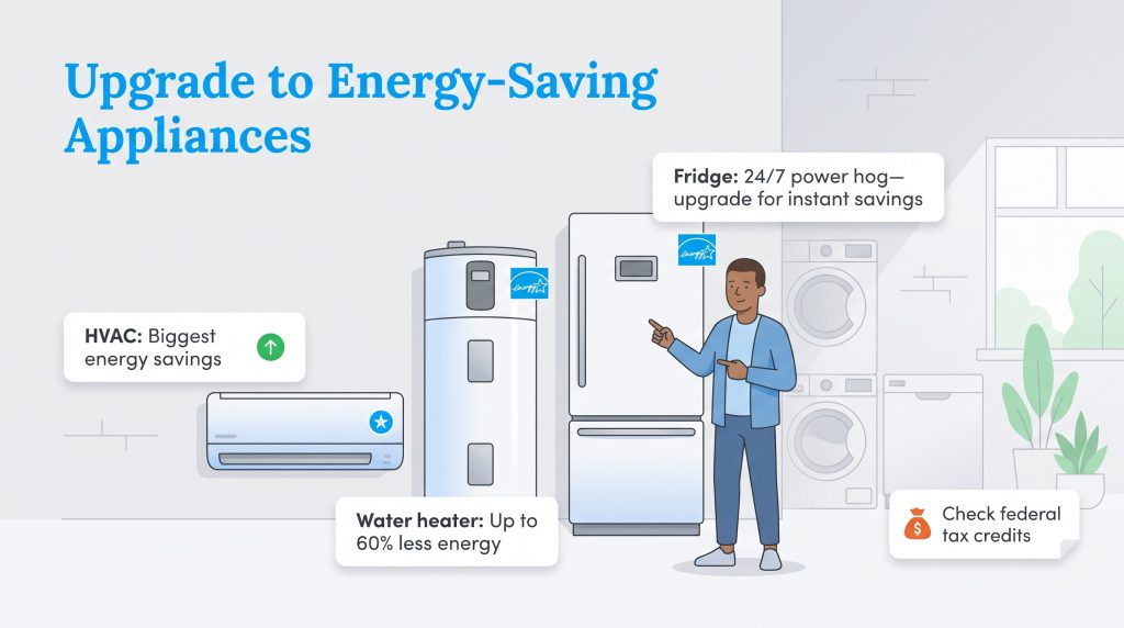 Graphic showing energy-saving tips for household appliances like HVACs and refrigerators.