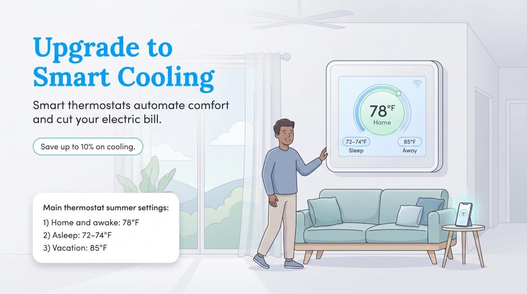 Illustration of a man adjusting a smart thermostat to optimal summer temperatures