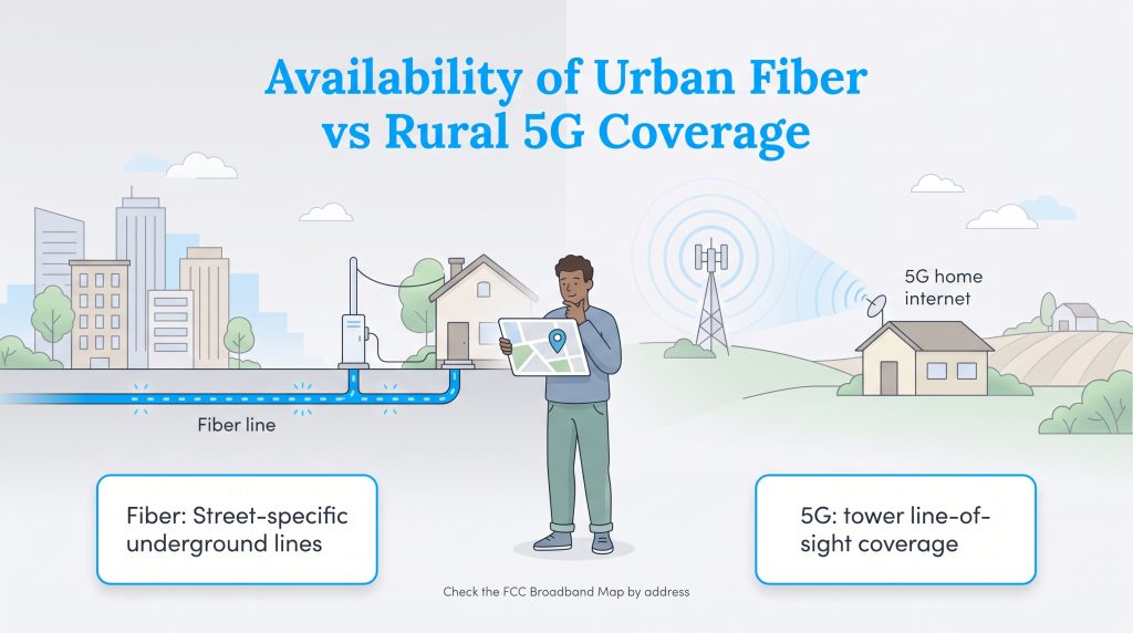 Illustration comparing urban underground fiber lines with rural 5G tower coverage.