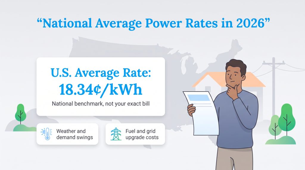Infographic showing the U.S. average electricity rate of 18.34 cents per kWh in 2026