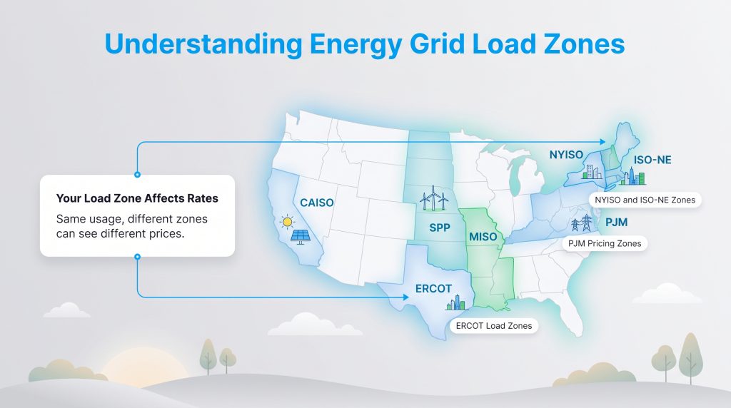 US map highlighting major regional energy grids and load zones.