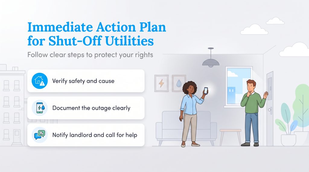 Diagram showing three action steps for tenants experiencing a utility shut-off.