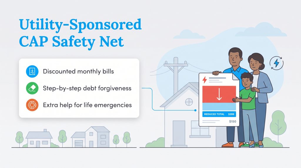 A family holding a reduced utility bill next to a list of CAP safety net benefits.