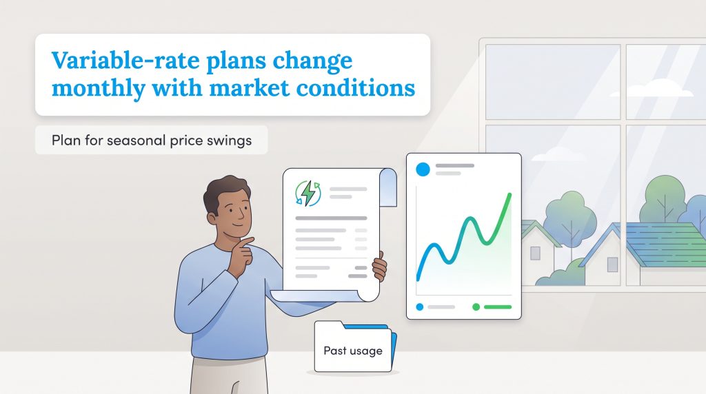 Illustration of a man reviewing a fluctuating energy rate graph and his past usage bill