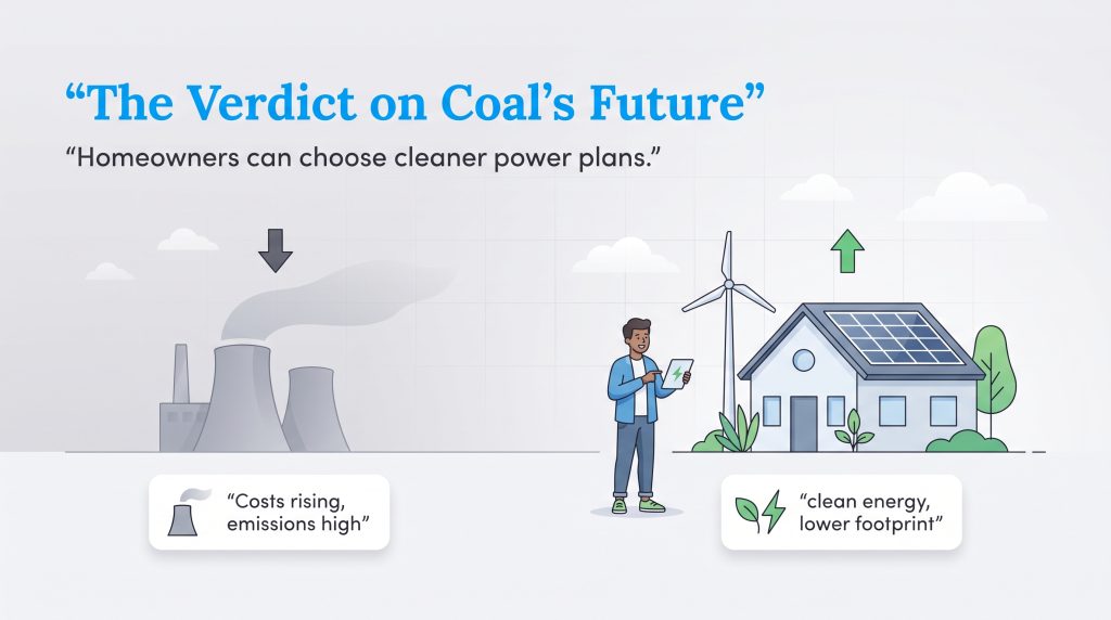 Illustration comparing a declining coal plant with an increasing clean energy home.
