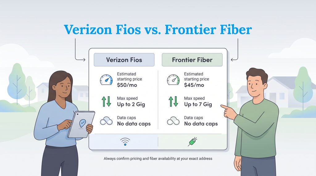 Graphic comparing Verizon Fios and Frontier Fiber pricing, speeds, and data caps.