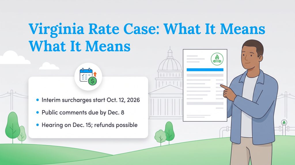 Virginia rate case timeline detailing surcharges, comment deadlines, and hearing dates.