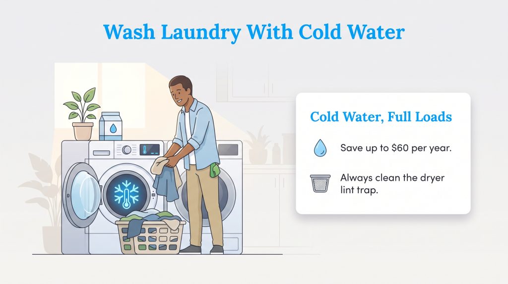 Illustration of a man loading a washing machine with cold water tips highlighted.