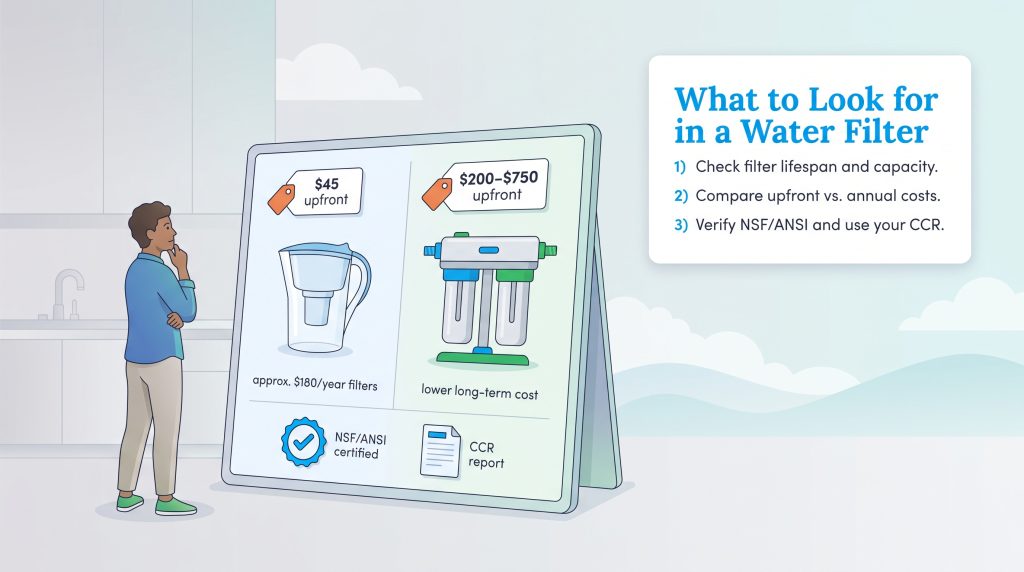 Illustration comparing water filter costs, lifespan, and certifications.