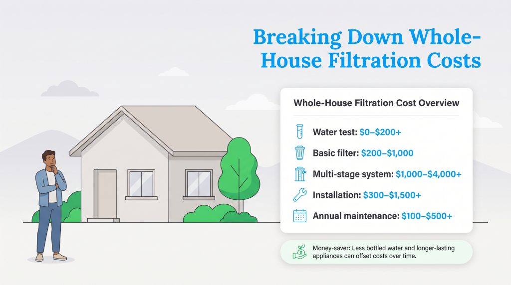 Graphic showing cost ranges for whole-house water filtration systems and maintenance.