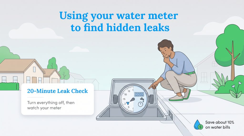 An illustration of a person checking a street-level water meter for leaks.