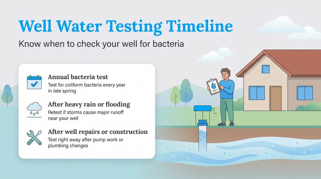 Timeline for well water testing: annually in late spring, after heavy rain, and after repairs.