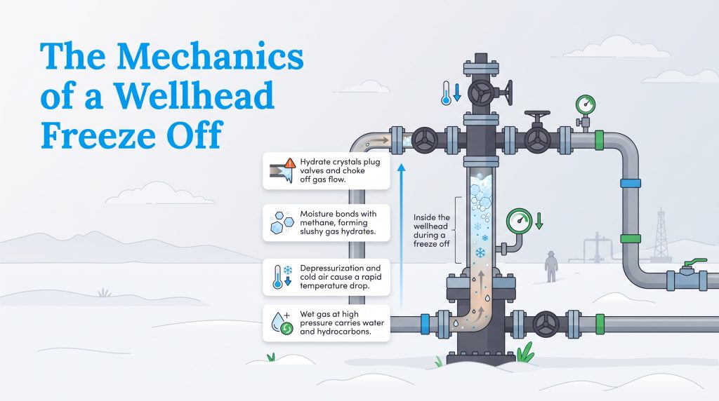 Infographic diagram explaining the step-by-step process of a wellhead freeze off.