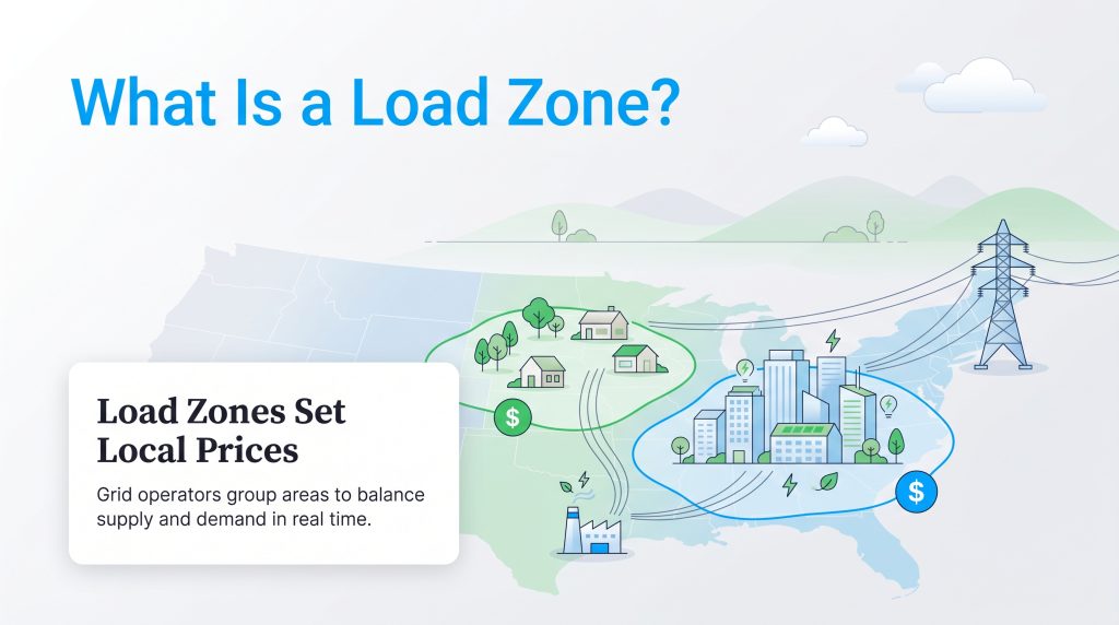Illustrated map of load zones dividing urban and residential areas to set energy prices