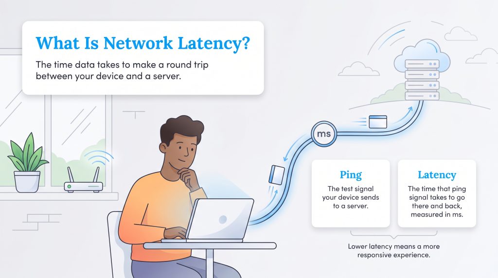 Diagram explaining network latency as data round-trip time between a laptop and cloud server.