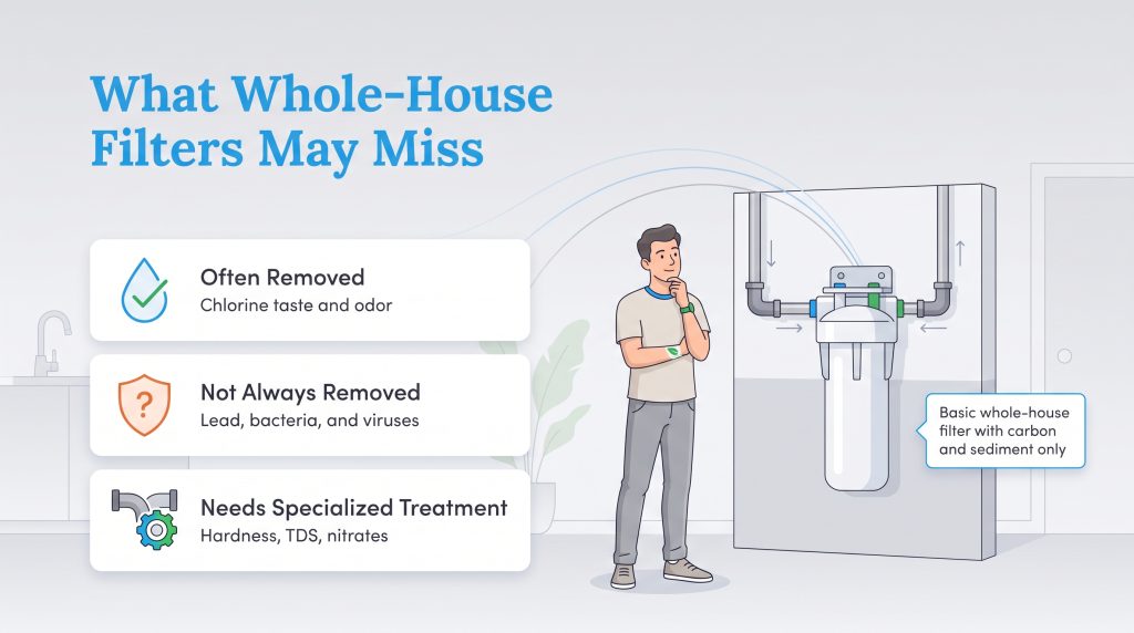 Graphic explaining what basic whole-house water filters remove and what they miss