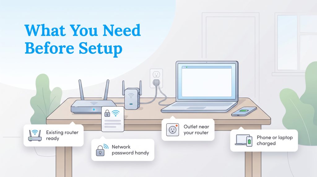 Illustration showing requirements for setting up a Wi-Fi repeater on a desk