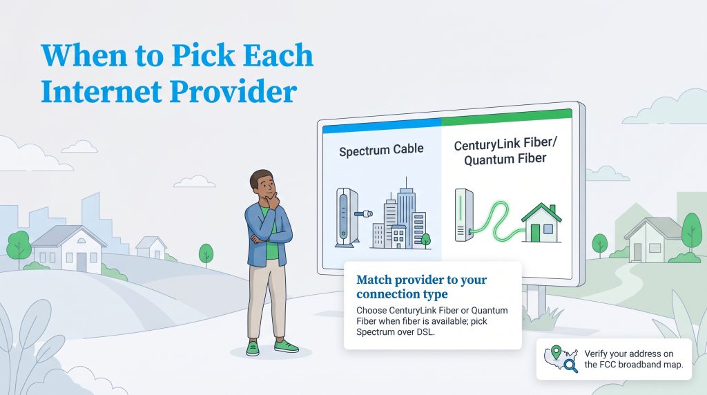 Graphic showing when to choose Spectrum Cable or CenturyLink Fiber based on connection type
