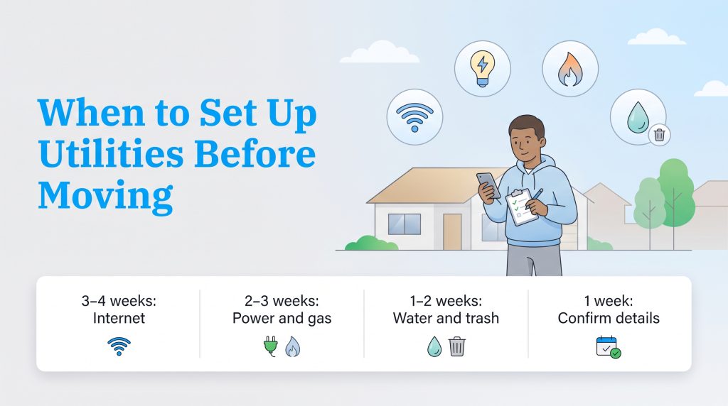 Timeline showing when to set up internet power gas water and trash before moving