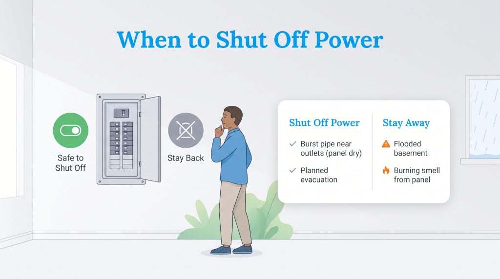 Illustration of when to safely shut off power or stay away from an electrical panel