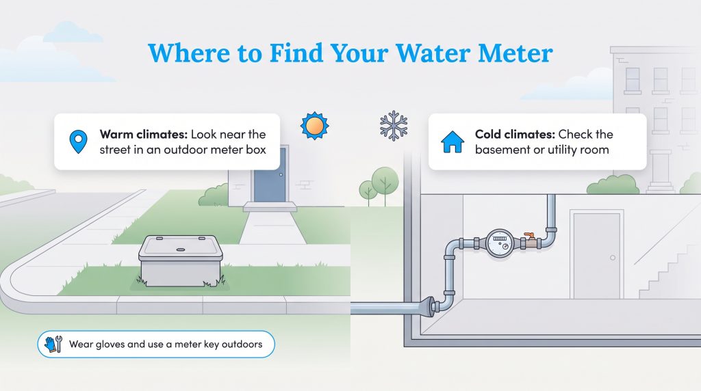 Graphic showing water meter locations for warm climates outdoors and cold climates indoors.