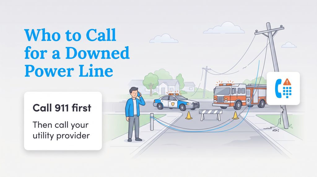 Emergency vehicles respond to a downed power line while a bystander calls for help